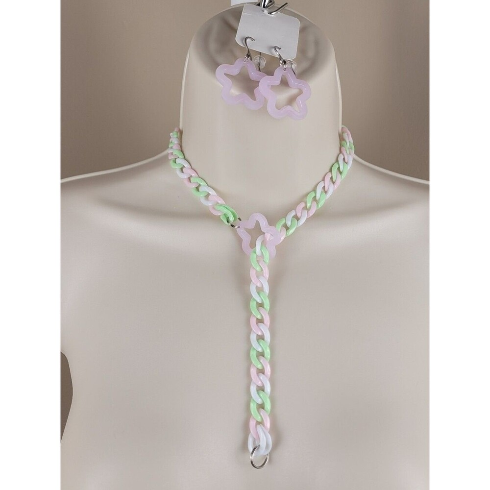 3pc spring fun link Hanami Dango lariat drop star necklace & earrings